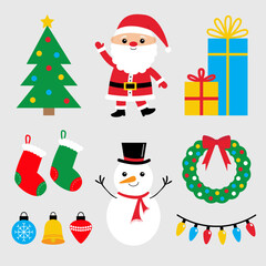 Merry Christmas icon set. Santa Claus, snowman, fir tree, gift box, Santa socks, toys, Christmas light Lightbulb glowing garland, door wreath. Cute character. Flat design. White background. Vector