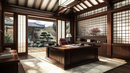 Traditional wooden office interior with a large desk, a leather chair, a lamp, and a view of a garden through a large window.