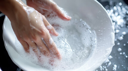 Fototapeta premium Hands washing white dishes with soapy water, clean and bright