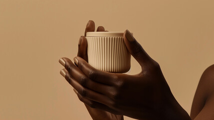 Close-up of hands holding a beige textured ceramic cup against a neutral background