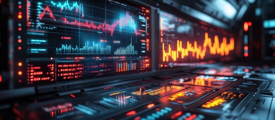 Obraz premium Futuristic Financial Data Analysis on High-Tech Digital Screens with Graphs and Charts in a Modern Control Room