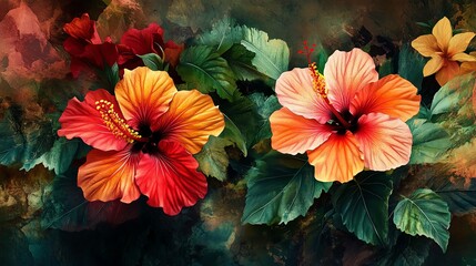 Vibrant hibiscus flowers in orange, yellow, and red tones, surrounded by lush green leaves, creating a tropical feel.