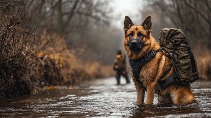A courageous dog wading through a river, showcasing readiness and loyalty in a wild setting, perfect for adventure themes.