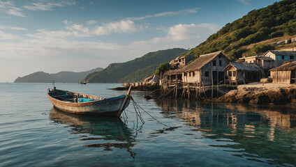 Obraz premium Traditional fishing boat anchored near a rustic coastal village, with fishing nets and gear on board.