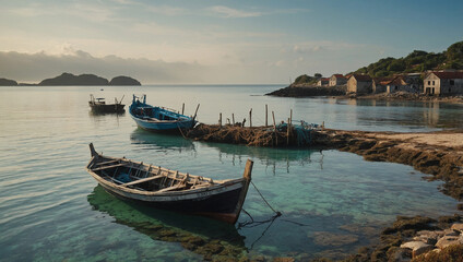 Fototapeta premium Traditional fishing boat anchored near a rustic coastal village, with fishing nets and gear on board.