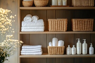 Bathroom interior shelves withtowels and bottles of shampoo and conditioner