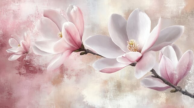 A delicate pink magnolia flower blooming against a soft abstract background, perfect for spring-themed decor and floral designs.