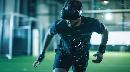 AI-powered virtual reality sports training platform delivering personalized coaching, utilizing advanced algorithms and immersive technology to enhance athletic performance in a futuristic, interactiv