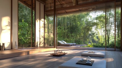Fototapeta premium A zen-like room with white cushions on the floor, a wooden table with glasses and a bamboo roof with a view of a lush green forest.