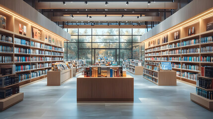 Obraz premium Modern library interior with bookshelves and natural light.