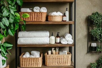 Bathroom interior shelves withtowels and bottles of shampoo and conditioner