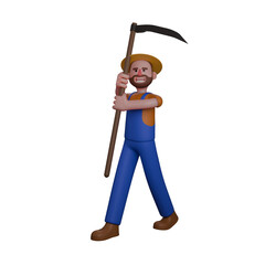 Agricultural Farmer Professional in 3D. A farmer is holding a large scythe with both hands, in a position ready to start working. Male