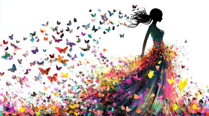High-resolution image of a girl in a long dress with flowers and butterflies, colorful flowers flying in front 