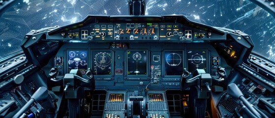 Airplane Cockpit with Navigation Displays and Controls.
