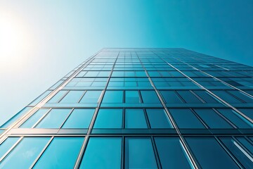 Fototapeta premium Modern office building with glass facade and blue sky background. Panoramic banner