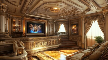 Fototapeta premium Luxurious living room with ornate details, a large TV, and a plush sofa.