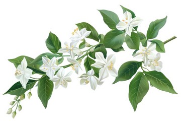 Fototapeta premium White Flowers and Green Leaves on Branch.