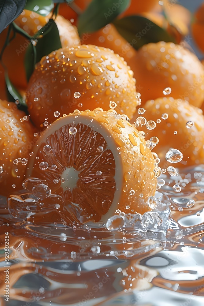 Poster fresh oranges splashing in water, with vibrant citrus slices and glistening droplets creating a refr