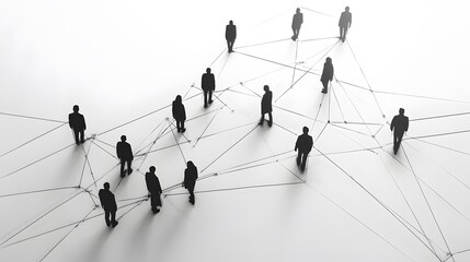 Silhouettes of People Connected by Lines on a White Background