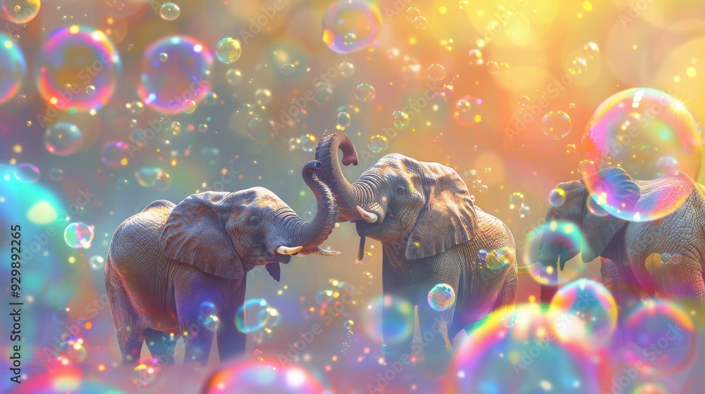Poster Elephants engage with each other amidst colorful, floating bubbles in a whimsical, fantasy setting. Generative AI