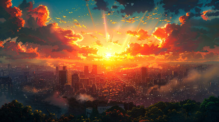 Fototapeta premium Sunset Over a Cityscape with Orange Clouds and Sun Rays