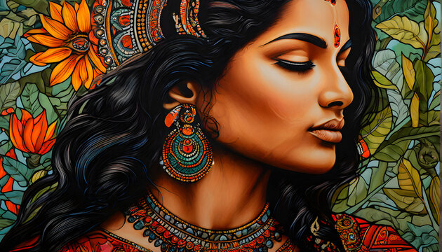 A vibrant and intricate Indian Madhubani artwork of the goddess Bhumi Devi represents the ground and is&nbsp;surrounded by natural elements