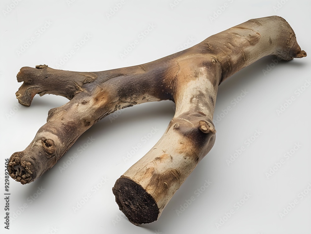 Poster a rustic wooden branch with multiple protruding limbs on a plain background