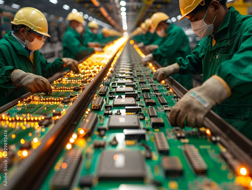 Aufkleber workers assemble circuit boards in a busy electronics factory during the day
