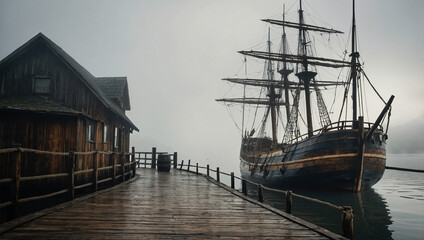 Vintage wooden ship docked at an old pier, with ropes and barrels around, set against a foggy backdrop.