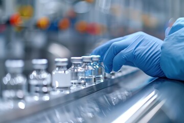 Close-up of a gloved hand handling small clear vials in a sterile laboratory setting, emphasizing precision and safety.