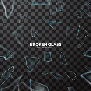 Broken glass shatter and piece. Realistic vector illustration set of explode mirror shard fragment. flying transparent sharp debris elements of smithereens beaten crystal or ice on dark background.