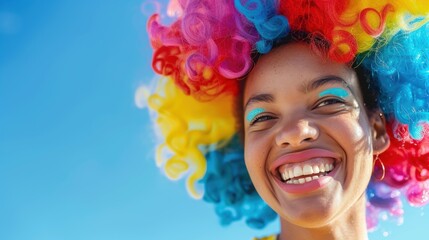 Fototapeta premium Vibrant portrait of a joyful woman with a colorful wig against a bright blue sky, showcasing happiness and playful energy.