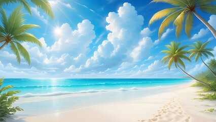 Beautiful tropical beach with palm trees and sand. illustration.