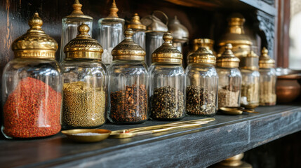 Indian kitchen with spices displayed in glass jars and brass utensils