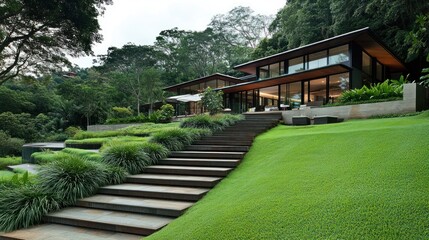 Fototapeta premium Modern house with large windows overlooking lush green lawn and stairs.