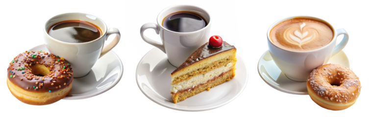 Cups of Coffee with Donuts and Cake Slices on Transparent Background