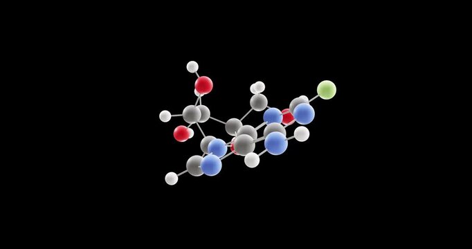 Fludarabine molecule, rotating 3D model of antineoplastic agent, looped video on a black background