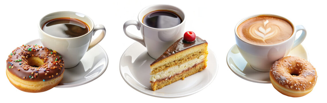 Cups of Coffee with Donuts and Cake Slices on Transparent Background