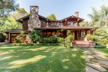 Naklejka premium Craftsman Style Home with Stone Accents and Lush Landscaping.