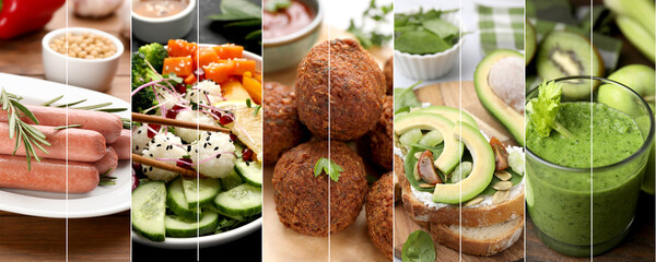 Assortment of vegetarian foods, collage. Banner design