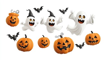 Spooky Halloween collection featuring cheerful ghosts, smiling pumpkins, and playful bats for festive designs.