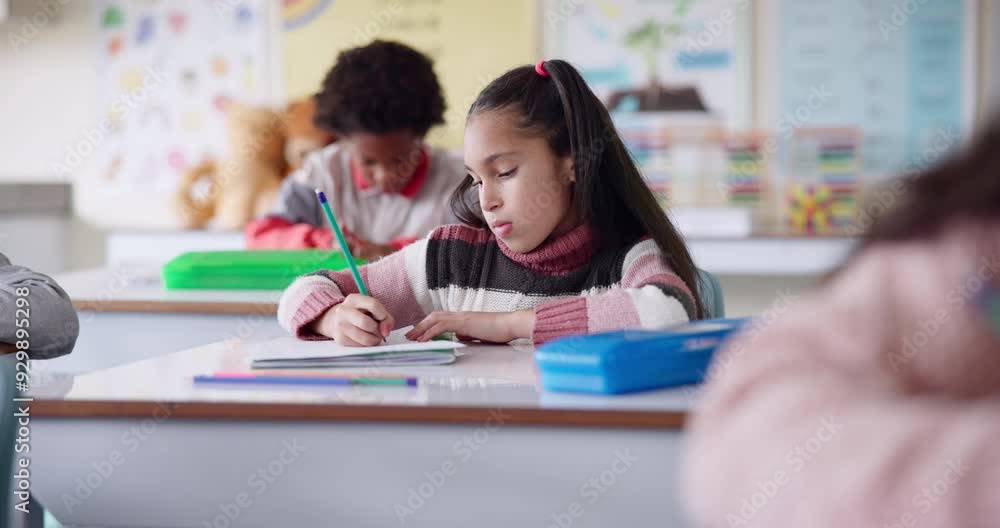 Poster classroom, school and kid writing in books for lesson, language skills and learning for assessment. 