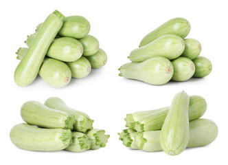 Fresh ripe zucchini isolated on white, collage