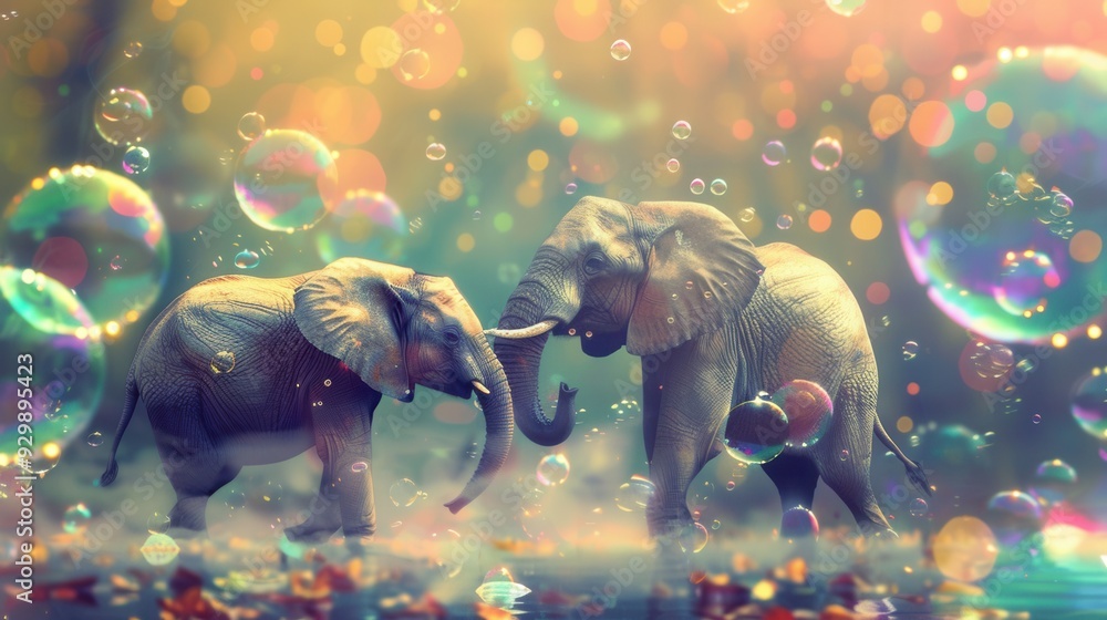 Poster two elephants explore a magical landscape filled with colorful, floating bubbles, capturing a sense 