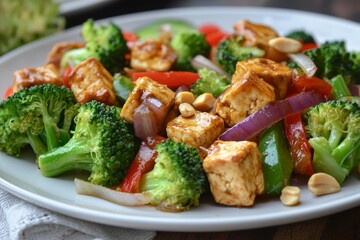 Spicy Satay Tofu with Broccoli, Peanut, Capsicum, and Onions, Asian Inspired Food for Healthy...