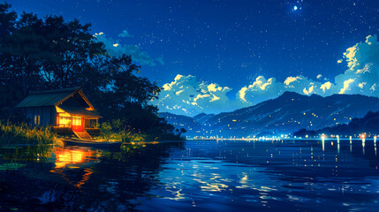 Fototapeta premium Illuminated Cabin by the Lake Under a Starry Night Sky
