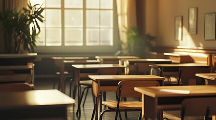 Obraz premium Empty Modern Classroom In the School Interior, Back to School Concept Book, Chair, table 3D Render.
