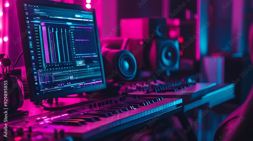 Poster a futuristic music studio with ai composers and digital instruments