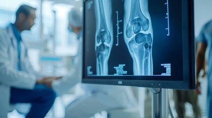 A knee joint X-ray on a computer monitor, reflecting the precision of modern medical diagnosis and treatment technologies.