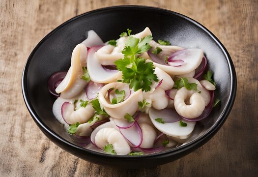 Geoduck ceviche salad, Sliced geoduck clams mixed with red onion and cilantro seasoned with lime or vinegar for a refreshing tangy flavor and vibrant texture.
